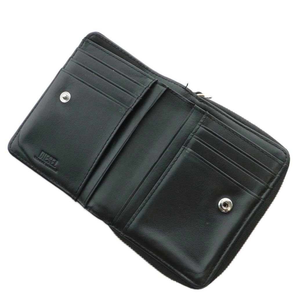 【美品】DIESEL レザー Dロゴ 二つ折り財布 ブラック×グリーン ディーゼル DIESEL 財布 二つ折り レザー ラウンドファスナー D