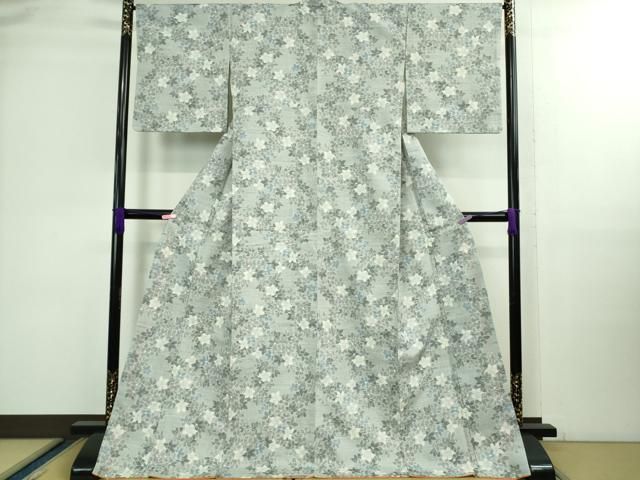 平和屋着物 上 小千谷紬 雪んど 糸車 草花文 阪急百貨店扱い ロング丈 反端付き DZAB0111kh5