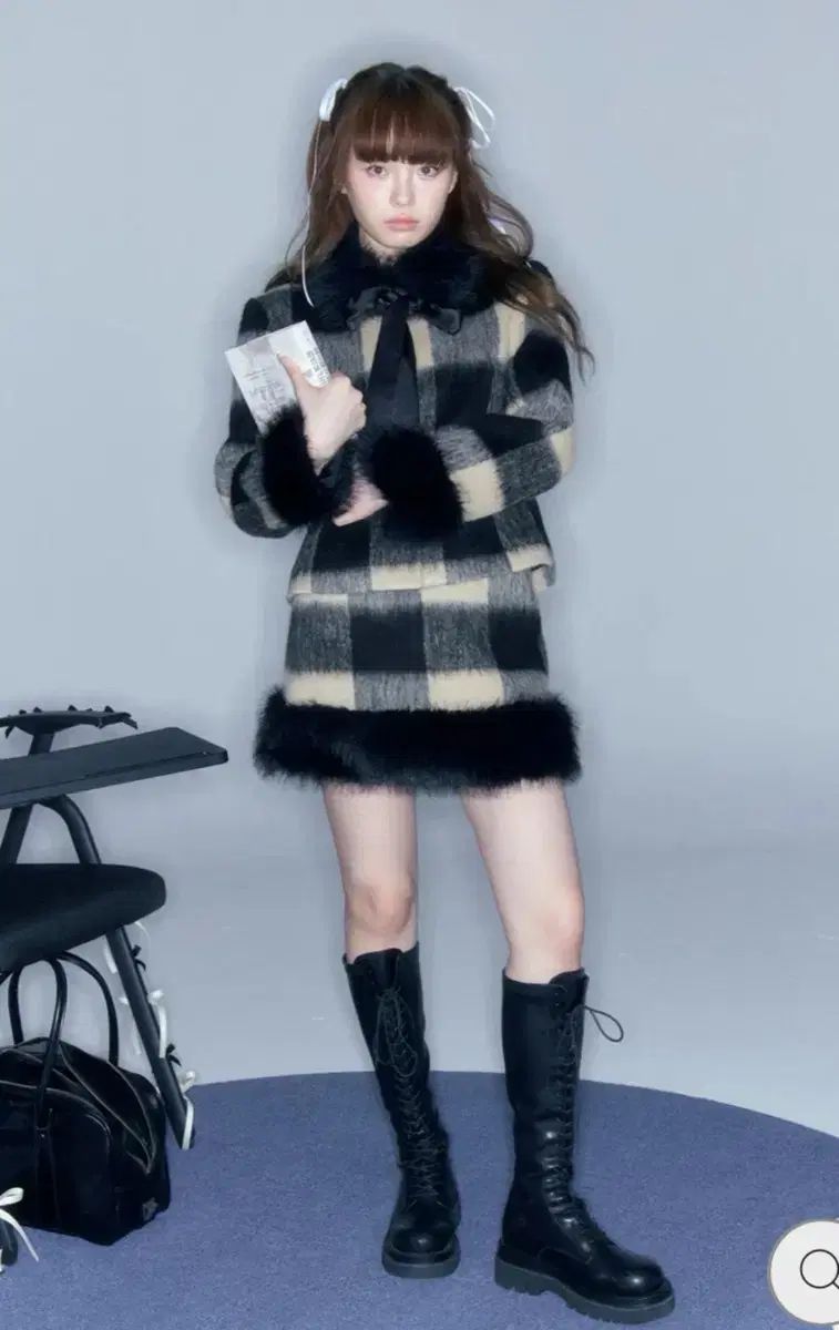 チェック ファー トリミング ジャケット スカート セットアップ