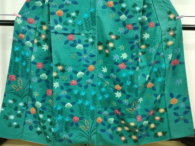 平和屋本店□極上 工芸訪問着 紬地 手描き 草花文 青緑色地 逸品