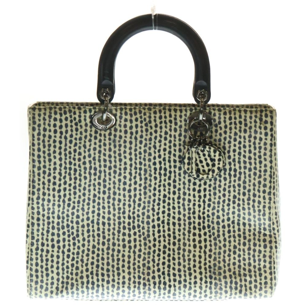 Christian Dior クリスチャンディオール レディディオール ラージ パイソンレザー ハンド トートバッグ シルバー金具 ブラック|アイボリー