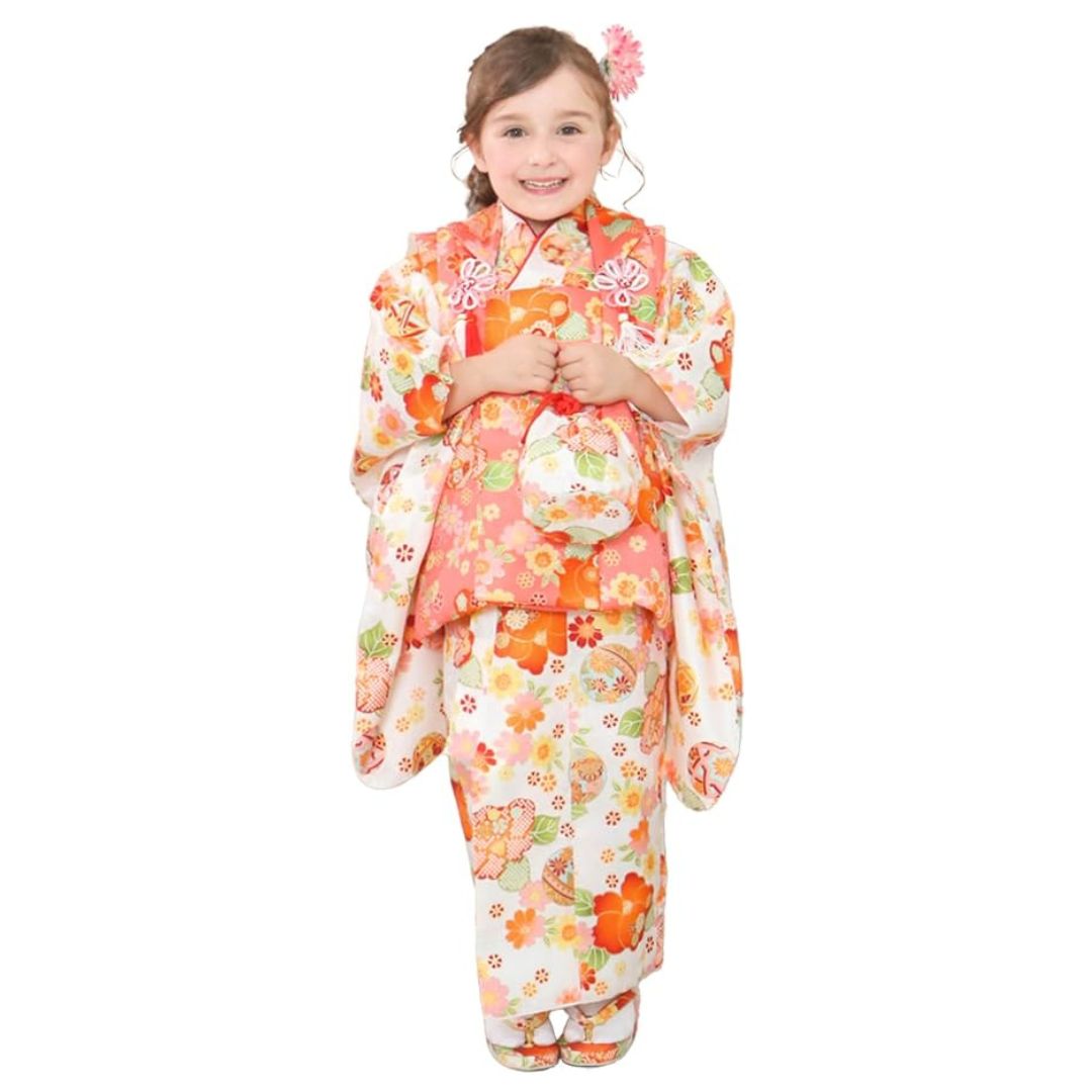 KYOETSU キョウエツ 着物セット 七五三用 3歳用 被布セット 華やかA 9点セット 柄被布 柄着物 伊達衿 長襦袢 髪飾り 巾着 草履 腰紐 足袋 ガールズ 8.椿の橙雅