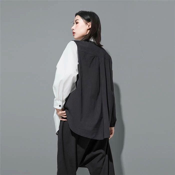 赤字覚悟!フェイクレイヤード シャツ レディース 配色 トップス ロングシャツ 春 秋 冬 デザイン 長袖 アシンメトリー 無地 個性的 ファッション ゆったり フェイクレイヤード シャツ レディース 配色 トップス ロング