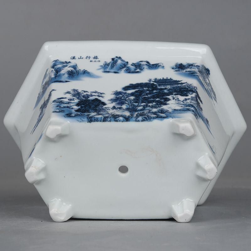 青花磁器六方鉢 盆栽鉢 中国鉢 植木鉢 多肉植物鉢 小品盆栽鉢 山野草鉢 青花十二柄植木鉢 sl-a11 ミニポット 植木鉢 鉢 和風 和柄 盆栽