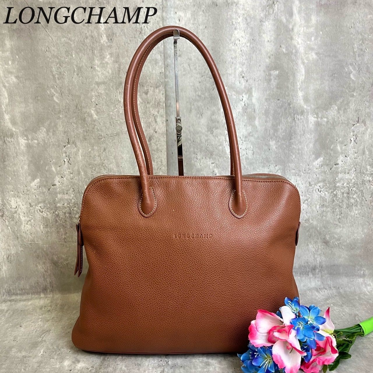 ✨良品✨ LONGCHAMP ロンシャン トートバッグ ハンドバッグ ロゴ型押し 総柄 A4収納 レザー レディース ブラウン 茶色 - メルカリ