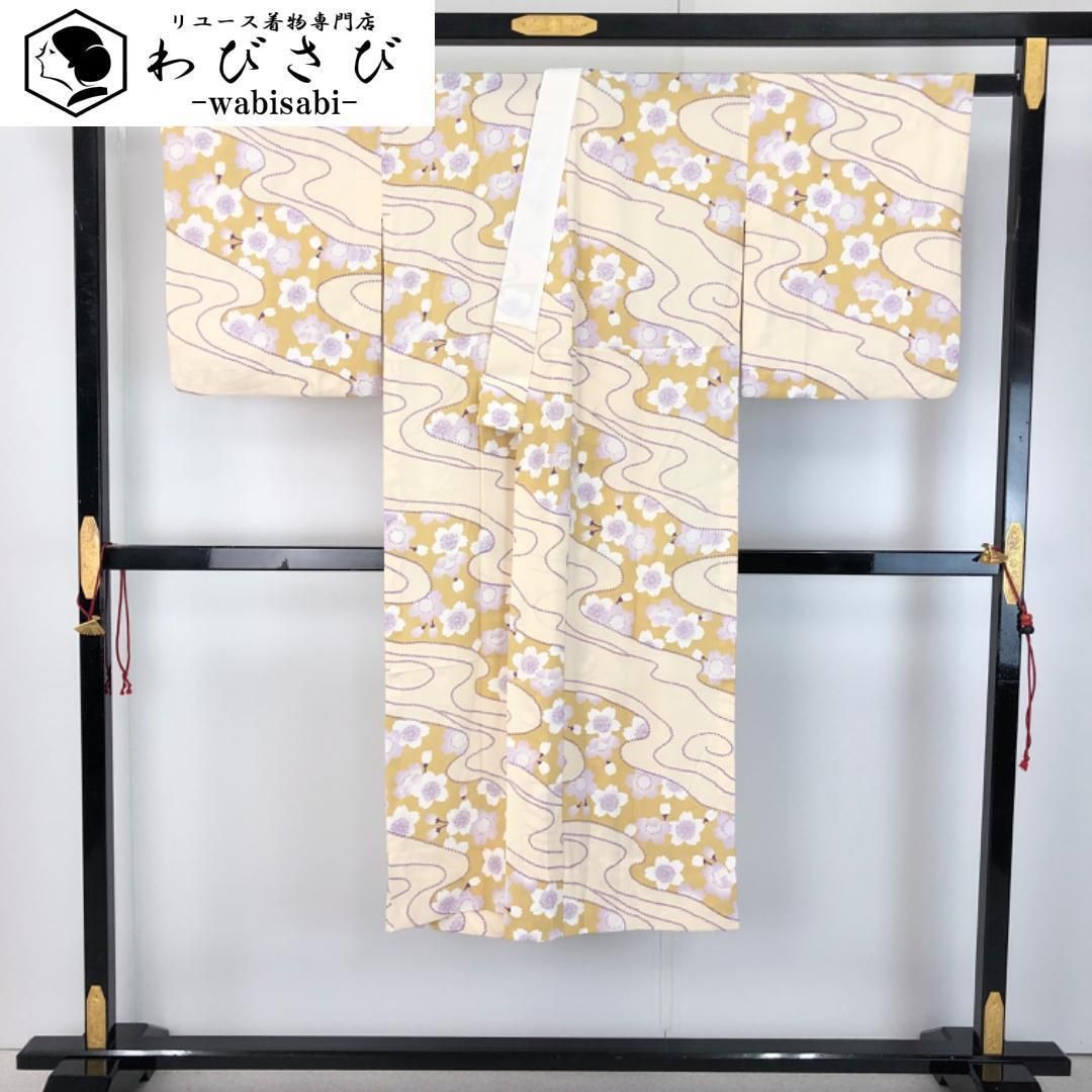 長襦袢 単衣 流水 桜の花模様 麦藁色 半衿付 J-339