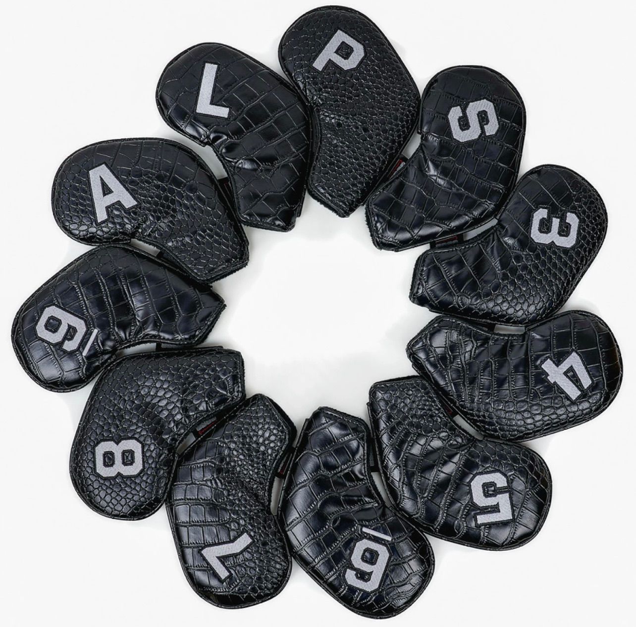 Craftsmanゴルフアイアンカバー クラブヘッドカバー セット 黒いPVC ワニ皮紋様 両面白い番号 左右兼用　マグネット　かっこいい6011390