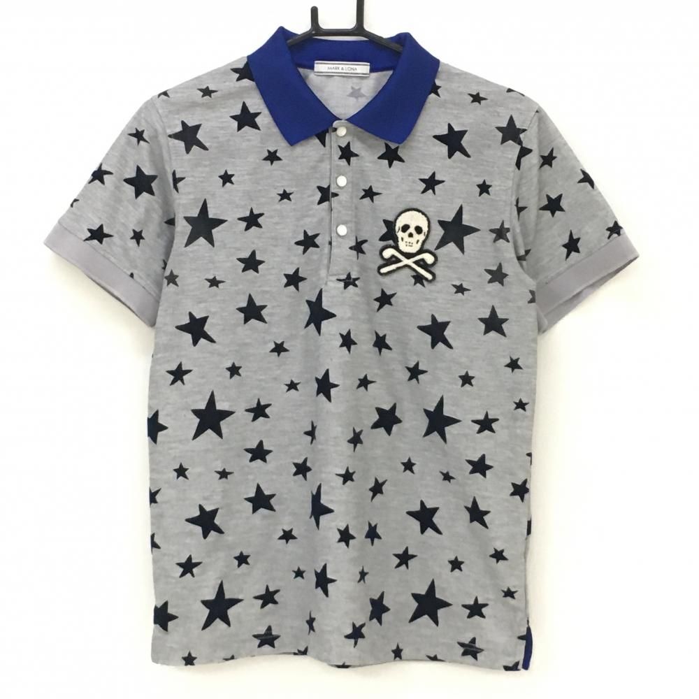 SALE25％OFFマークアンドロナ 半袖ポロシャツ グレー×ネイビー 星柄 スカル メンズ M ゴルフウェア MARK＆LONA