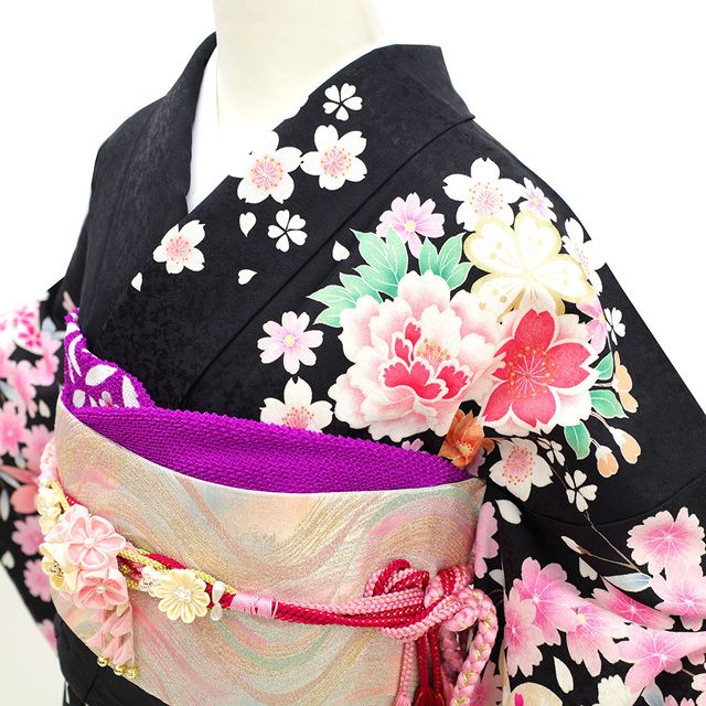 新品】 振袖 着物 刺繍 ラメ糸 刺繍 金彩加工 黒 紫 ぼかし 牡丹