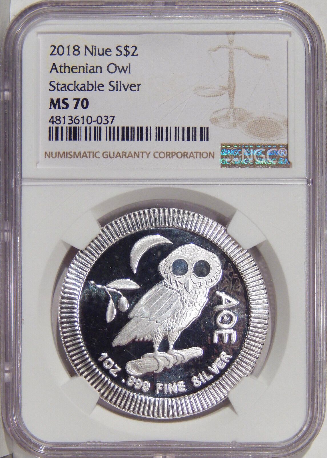 2018 NIUE S$2 ATHENIAN OWL NGC MS 70 STACKABLE SILVER