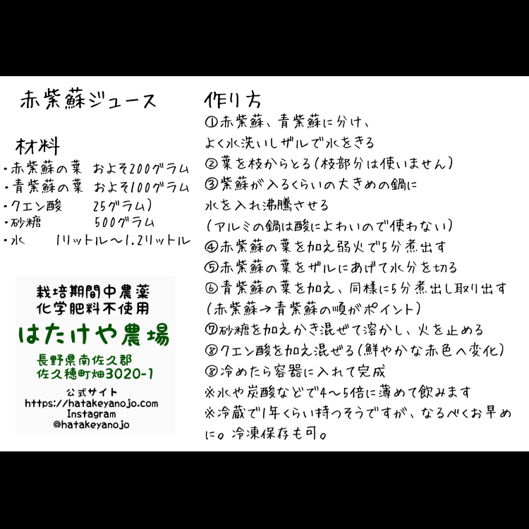 赤紫蘇と青紫蘇のセット※写真のクエン酸はつきません栽培期間中農薬化学肥料不使用