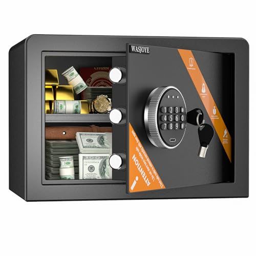 WASJOYE 金庫 家庭用金庫 テンキー式 電子セキュリティーボックス 防犯箱 家庭用 店舗用 業務用 会社用 保管庫 警報アラーム＆鍵付き 仕切り板付き A4ファイル A4封筒対応 床 壁に固定 日本語取扱説明書 21.0L mp
