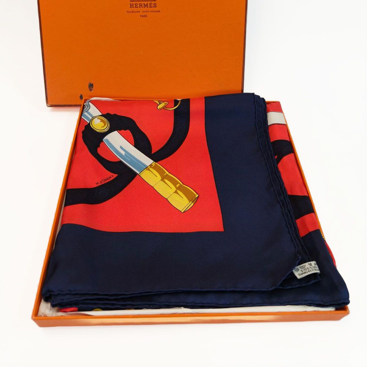 美品☆②HERMES エルメス☆カレ90シルクスカーフ 黄金の拍車 ネイビー