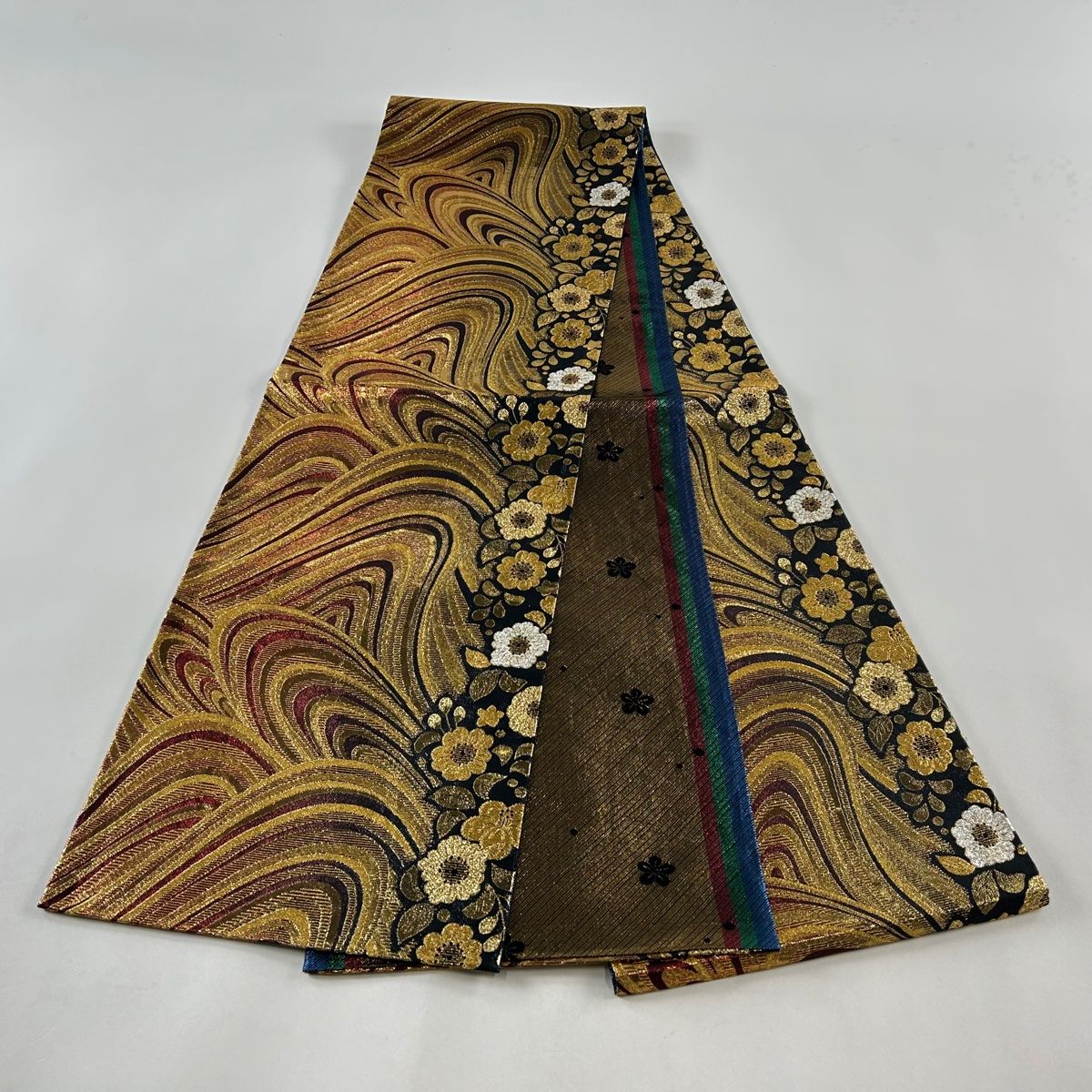 袋帯 美品 秀品 草花 波 箔 金糸 紺色 全通 正絹 【中古