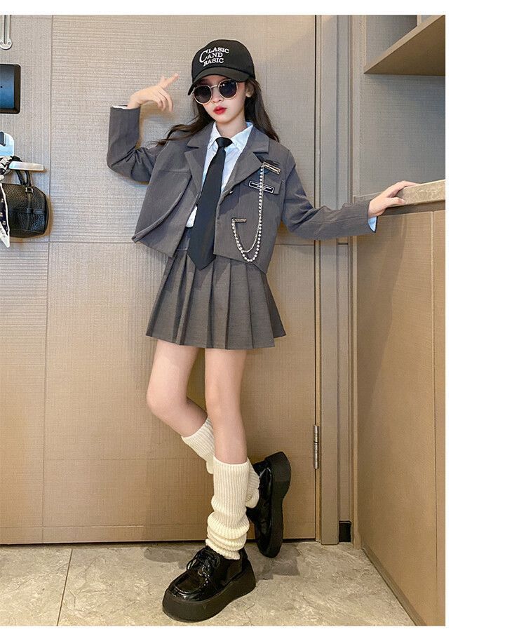 スーツ 女の子 5点セット フォーマルスーツ おしゃれ 入学式 卒業式 グレー 七五三 JK制服 小学生子供服 キッズ フリルスカート 学生服 高校生 入学式 スカート発表 nee3d852575