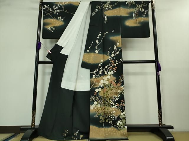 平和屋本店 上 訪問着 駒刺繍 秋草文 暈し染め 黒地 金彩 DZAB0764kh5