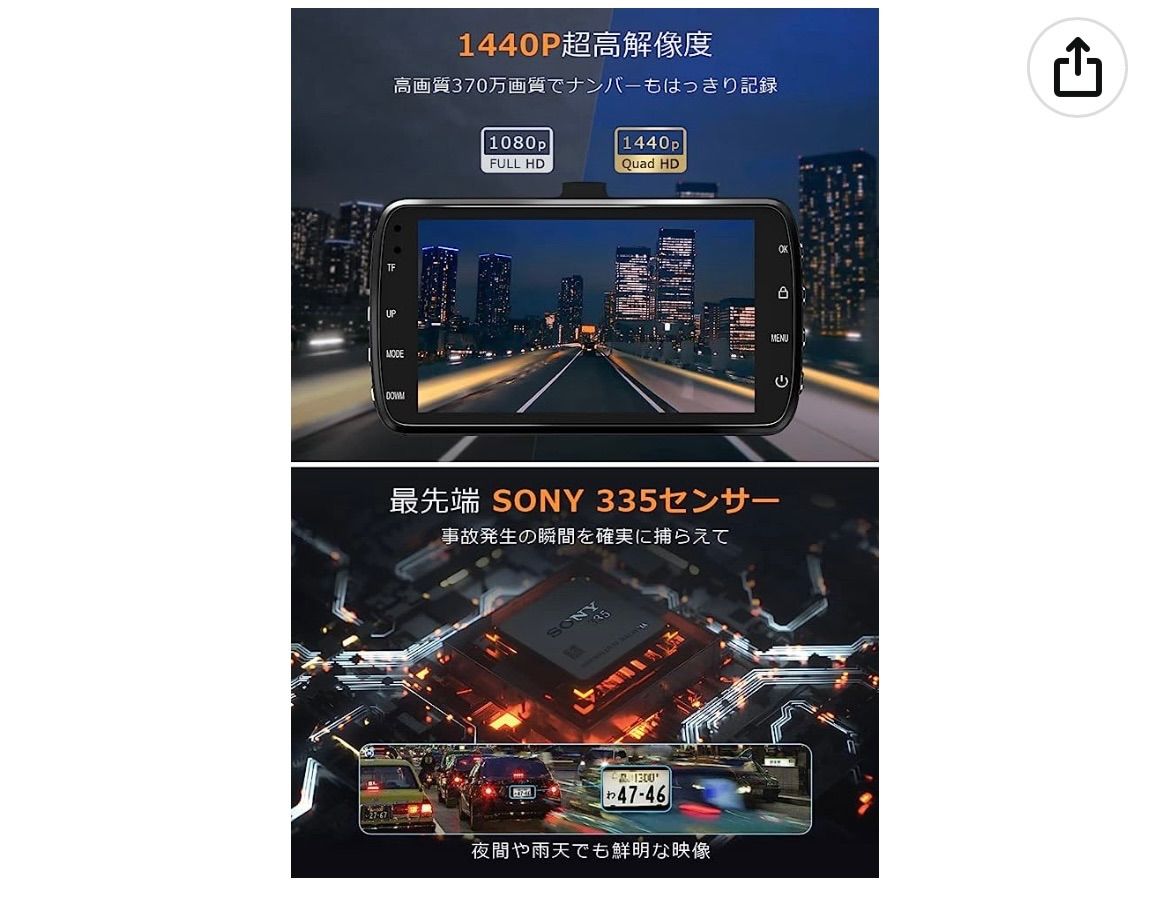 370万画素 ドライブレコーダー 前後カメラ SONY IMX335センサー ドライブレコーダー 前後カメラ 370万画素 超広角 1440P フルHD 小型