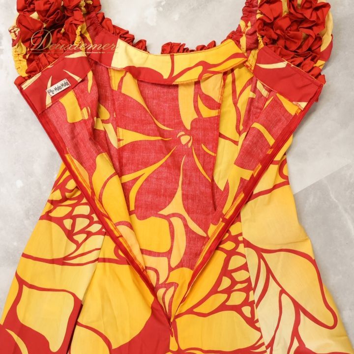 【美品 フラダンス衣装】オレンジ MAKAMAKA マカマカ ハイビスカス フラダンス 衣装 ワンピース ドレス レッド系 マカマカ フラ ダンス 赤