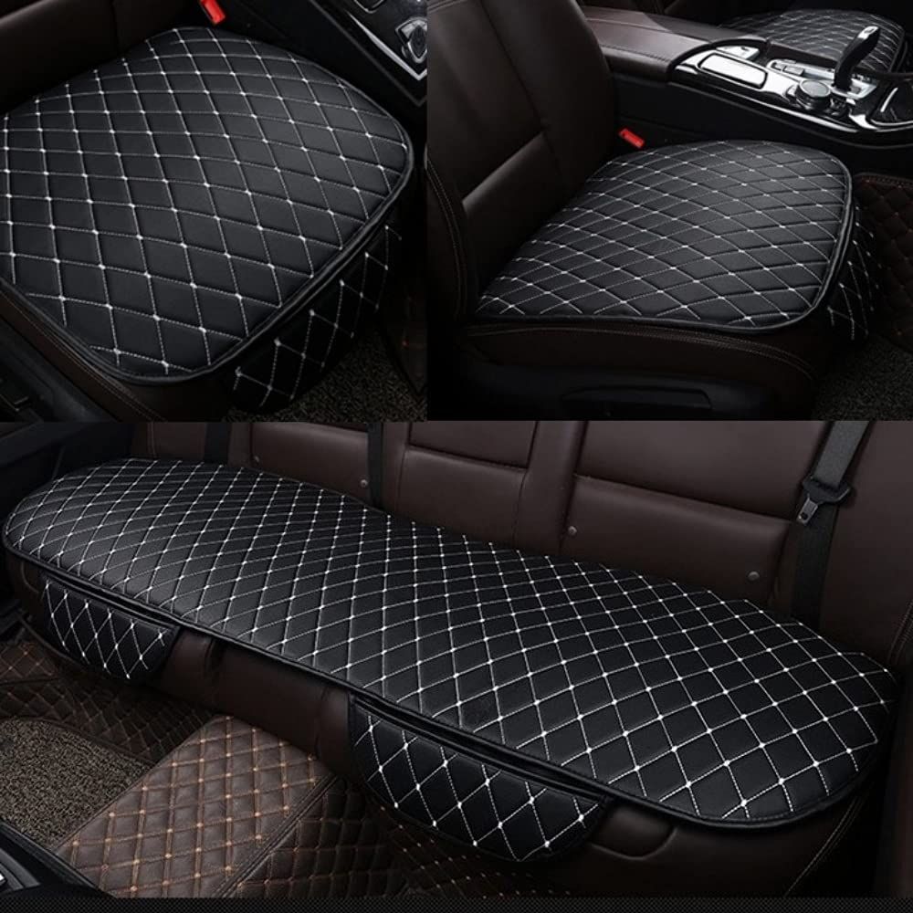 one+lifestyle 車用 3枚組 カーシート カバー セット PUレザー 前後座 座布団 シートクッション 簡単設置 前座席用2枚+後部座席用1枚 通気性 竹炭 座席シート カー用品 (ブラック×ホワイトライン) 