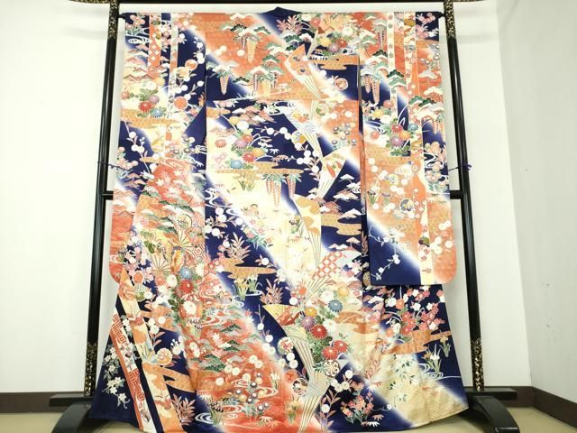 平和屋着物●豪華振袖 駒刺繍 扇面吉祥花鳥文 暈し染め 金彩 正絹 DAAY1086ps