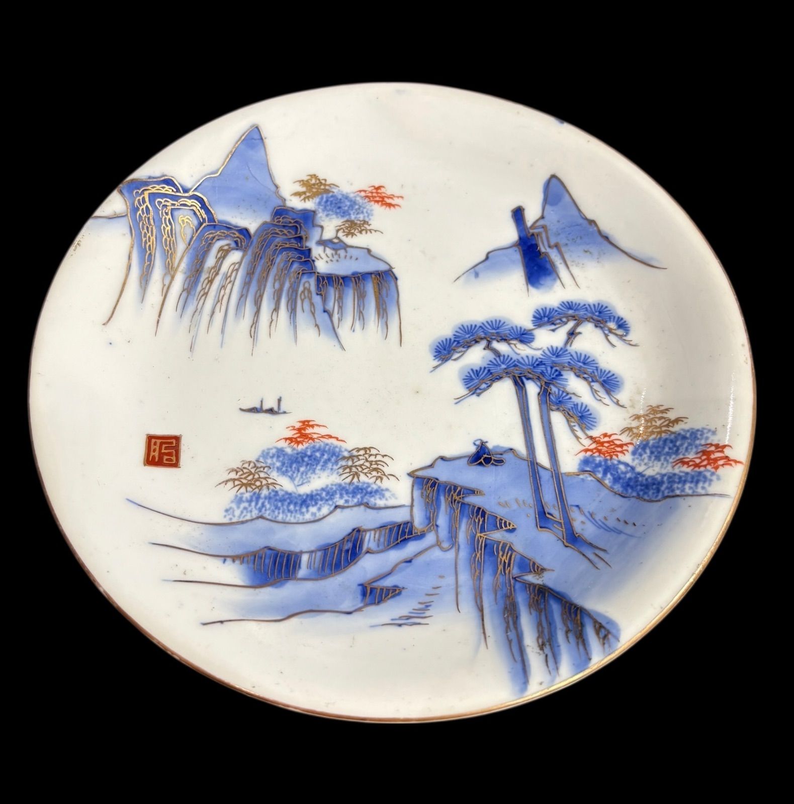古伊万里 金彩 色絵 [山水風景絵] 肥 染付 丸皿 取り皿 飾り皿 和食器