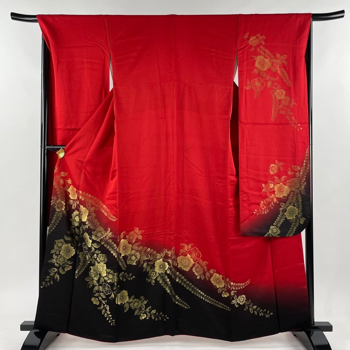 振袖 身丈161.5cm 裄丈67.5cm L 袷 桜 金糸 染め分け 赤 正絹 秀品