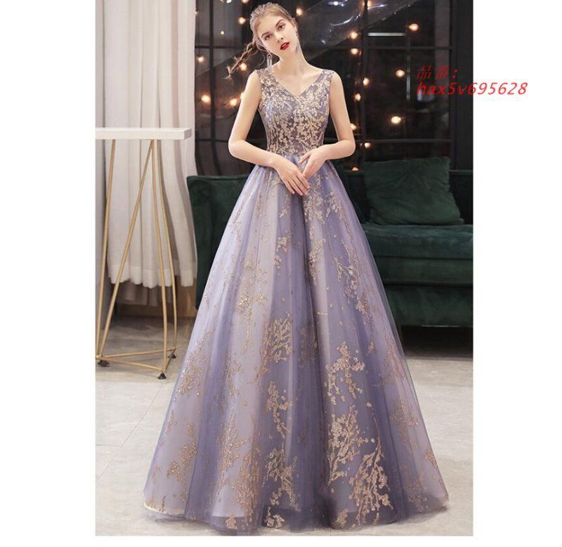 イブニングドレス キラキラドレス スパンロングドレス 発表会ドレス ノースリーブ Vネック 二次会ドレス パーティードレス 演奏会ドレス 結婚式ドレス hax5v695628