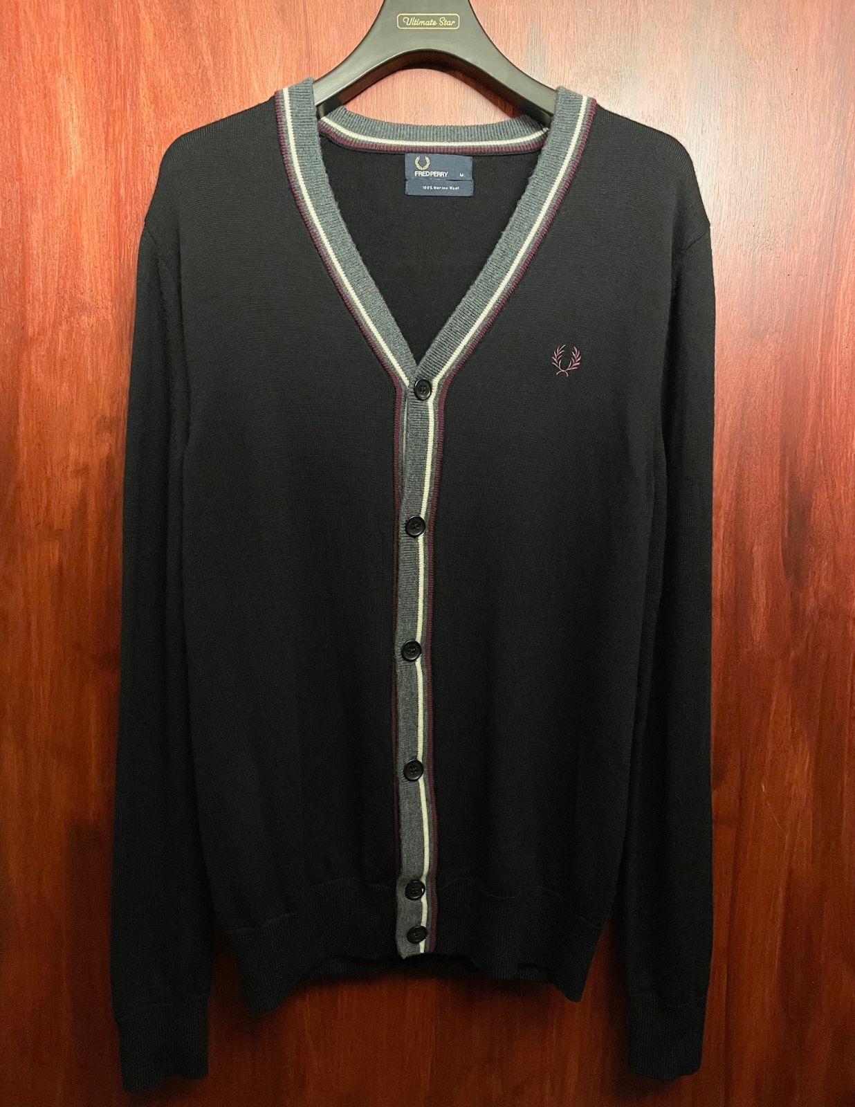 △訳あり商品△ FRED PERRY メリノウールカーディガン ブラック M 