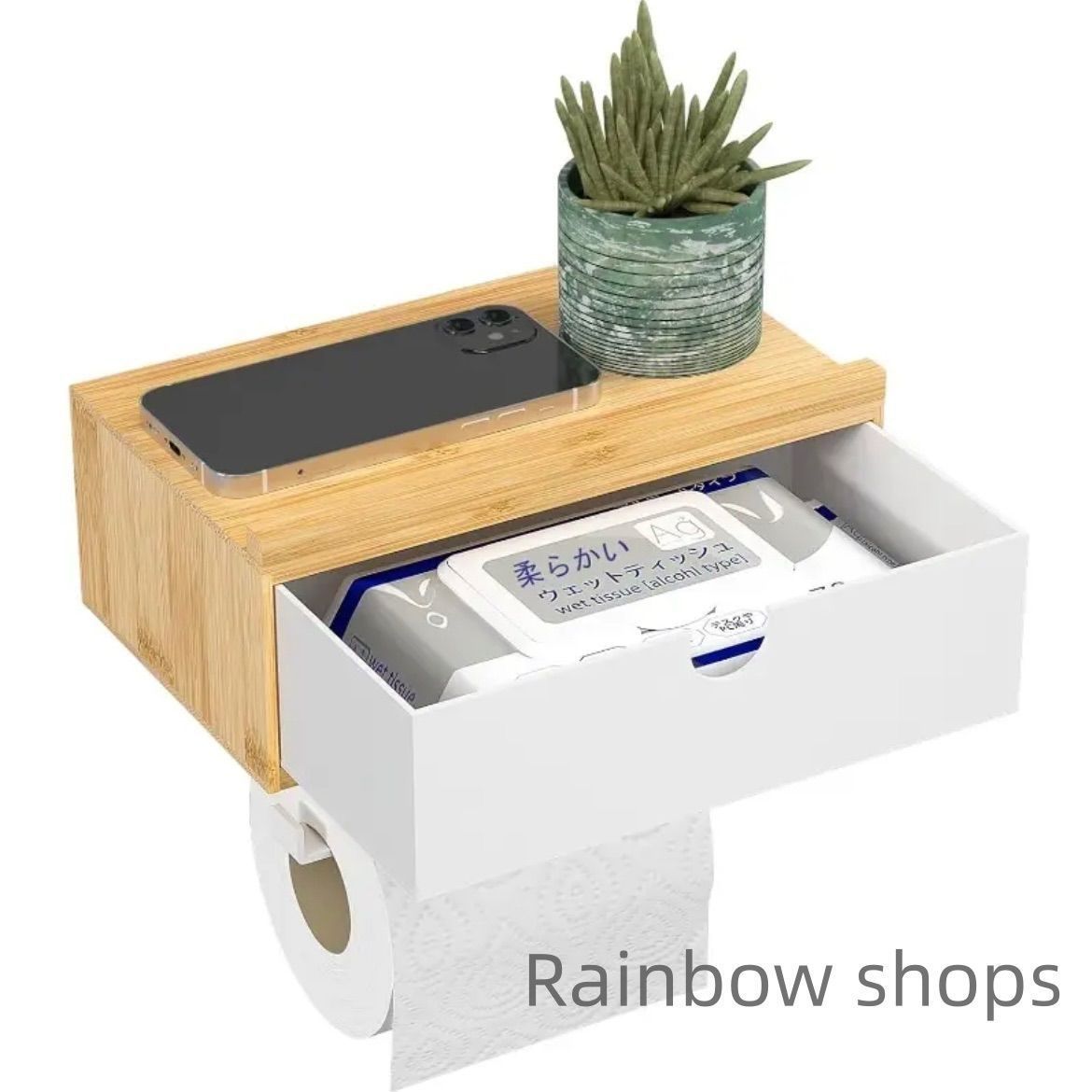 ♥ トイレットペーパーホルダー 竹製 棚付き 壁掛け型 スマホ置き 小物収納 ティッシュラック タオルハンガー 収納ボックス一体設計 洗面所空間最適設計 コンパクト省スペース モダンデザイン 便利収納ラック シンプルデザインhycp61