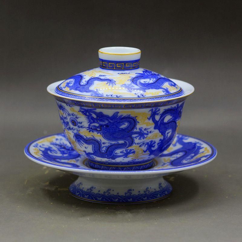 中国茶器 景徳鎮 青花竜紋馬蹄三才蓋碗 茶杯 茶道具 煎茶器 新品