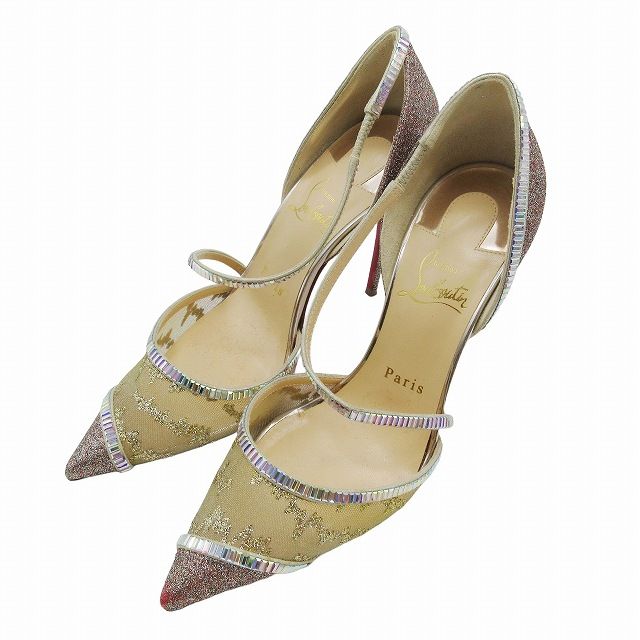 美品 クリスチャンルブタン Christian louboutin Chiara Diams 100 ラメ グリッター メッシュ パンプス シューズ  靴 ポインテッドトゥ ハイヒール ビーズ サイズ37 ベージュ ゴールド系 レディース/5/♪7