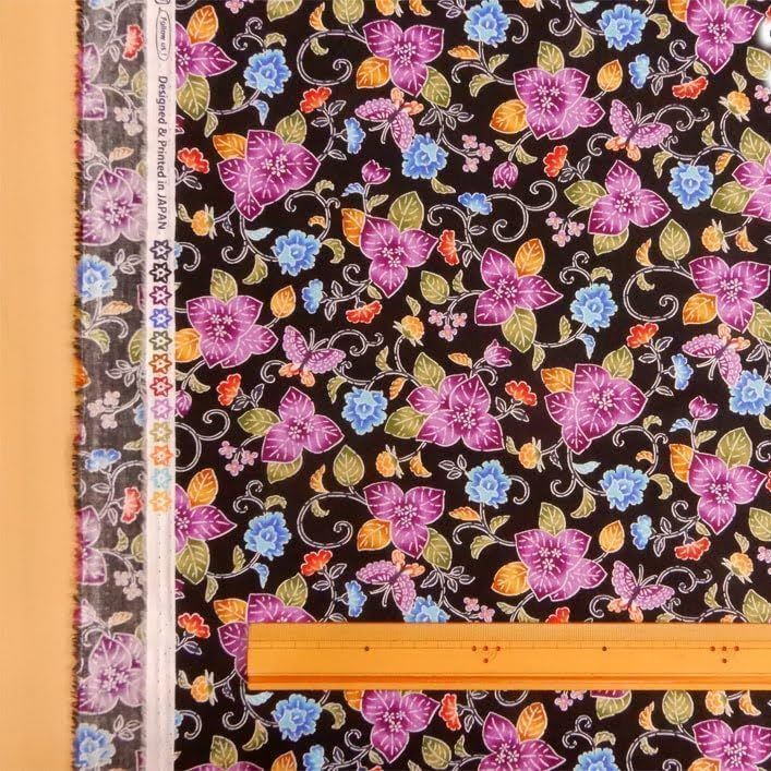 約110×50cm　紅型風 琉球柄 花とつる植物 沖縄 びんがた ブロード AP35904-1E　ブラック 生地 布地 布 ハンドメイド