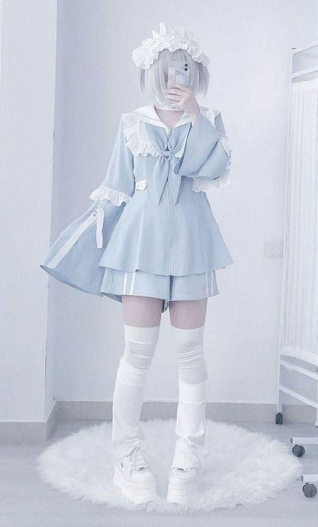 セットアップ 水色界隈 天使界隈 サブカル 服 量産型 地雷系 渋谷 ゆめかわ かわいい 水色 夏 渋谷 原宿 ロリータ ロリィタ 界隈 病みかわ フリルセーラー服 水色 コスプレ メイド風 リボン付き 長袖 トップス ショートパンツ 靴下付き 清楚 甘め