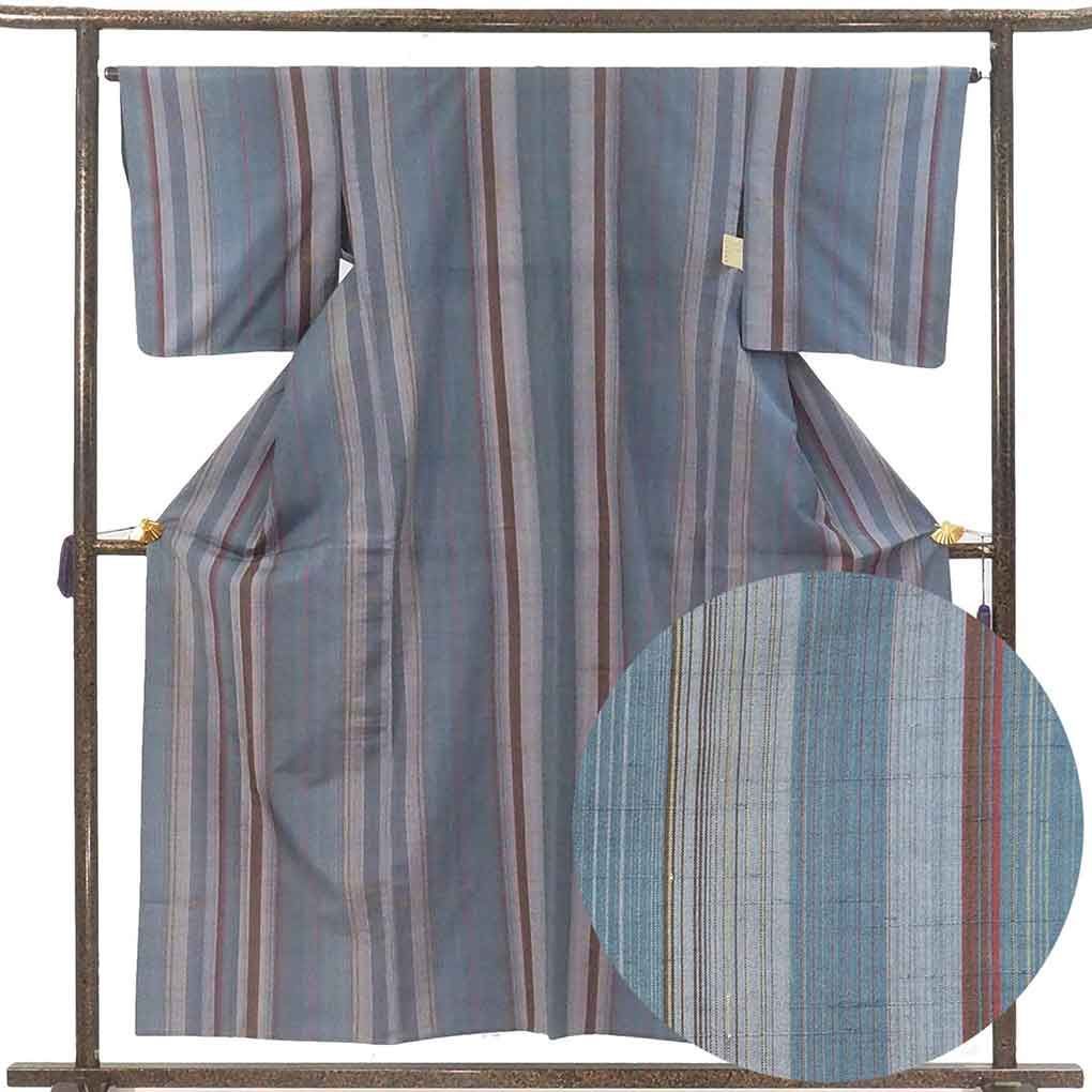 紬 身丈157cm 裄65cm 前幅25cm 後幅31cm 袖丈48cm 袖幅32.5cm レディース 単衣 縞 裄Mサイズ 初夏 初秋用 正絹 シルク グレー リメイク リユース リサイクル 呉服のきくや