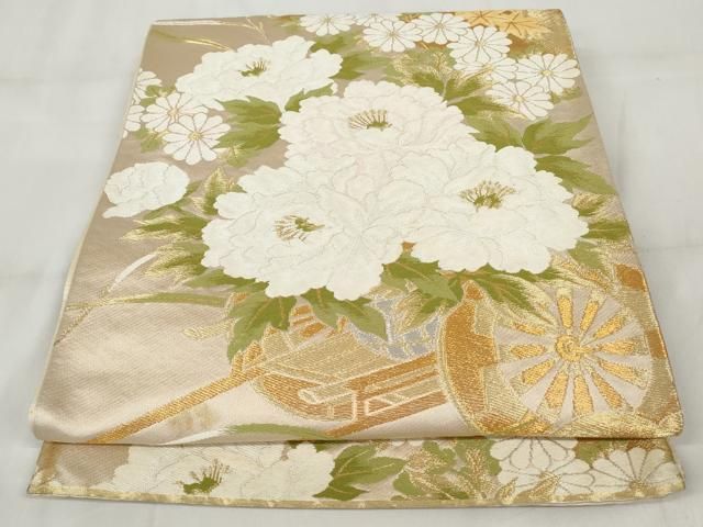 ZY-594 袋帯 花車 四季折々 牡丹 菊 藤 金糸 六通 高級 逸品 平和屋着物◎綴れ 六通柄袋帯 唐織 花車文 金糸 正絹 逸品