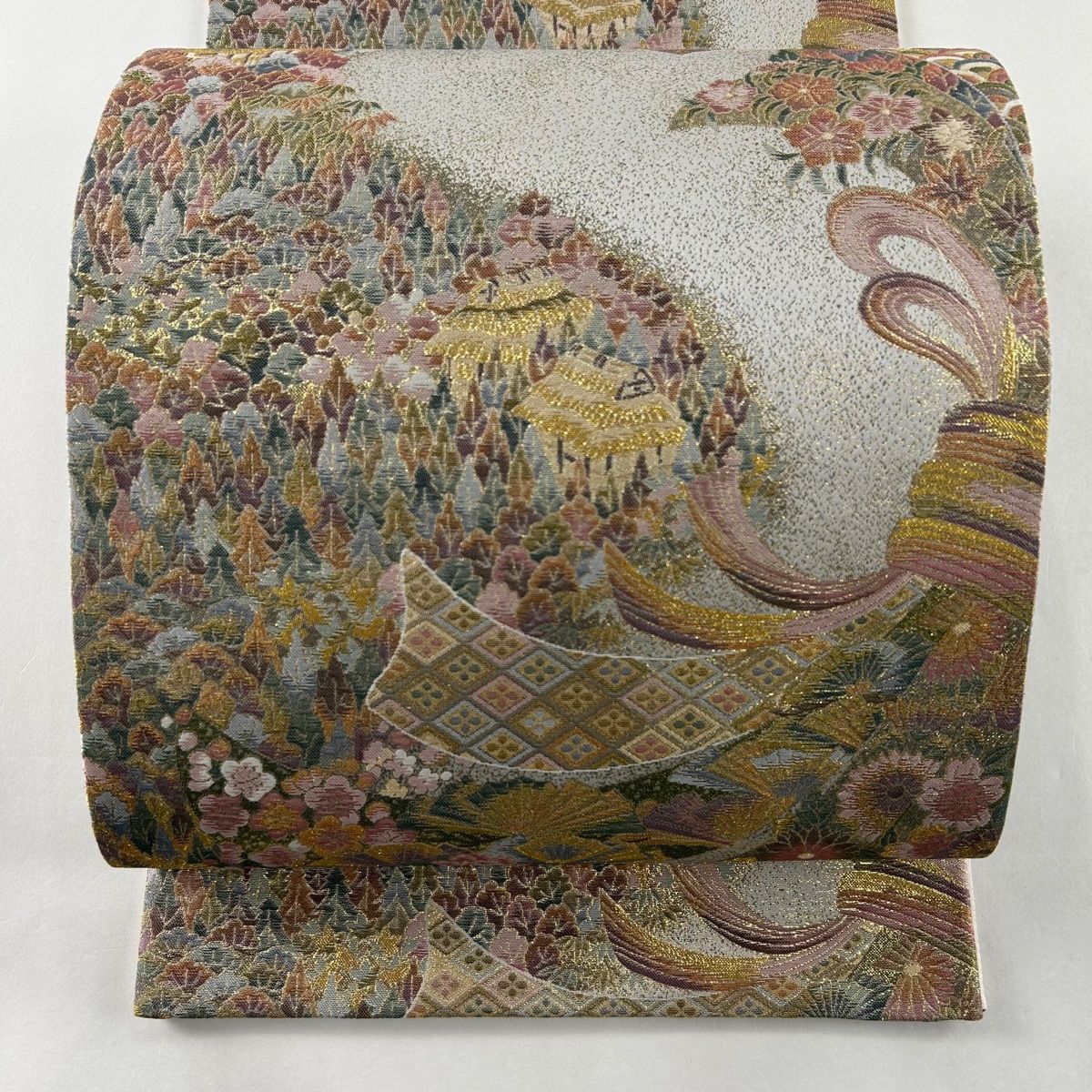 袋帯 美品 秀品 束ね熨斗 樹木 箔 金糸 灰色 六通 正絹 【中古
