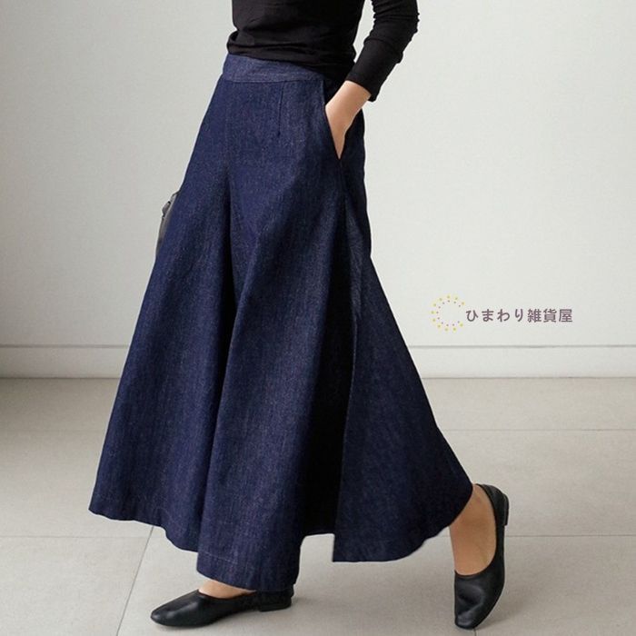 デニムパンツ レディース ワイド パンツ ガチョウパンツ ゆったり 大きいサイズ ガウチョ デニム ボトムス ボリューム ふんわり ロング丈 ポケット付き ウエストゴム 体型カバー 春 夏 秋 冬 大人カジュアル SWZz424