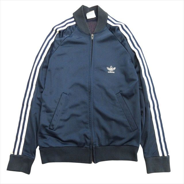 70's 80's アディダス adidas トラックトップ ジャケット ブルゾン ジャージ トレフォイルロゴ 刺繍 襟なし ATP KEYROLAN USA製 オールド ビンテージ ヴィンテージ S ネイビー メンズ※