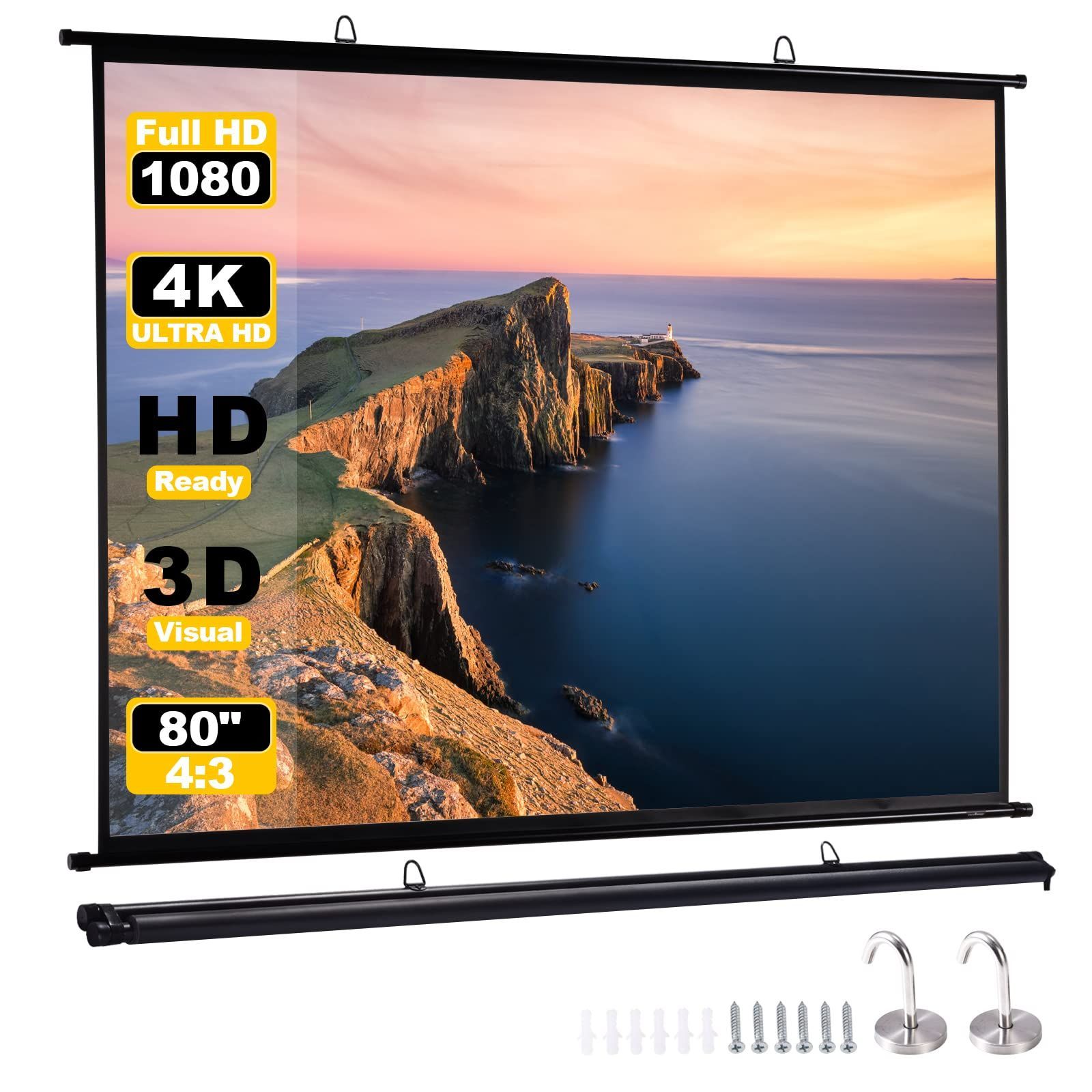 【特価商品】80インチ 4:3 プロジェクター用、スクリーン 吊り下げ、スクリーン ファイバーグラス、持ち運びや収納に便利なコンパクトサイズで、ホームシネマ、ビジネスプレゼンテーショ