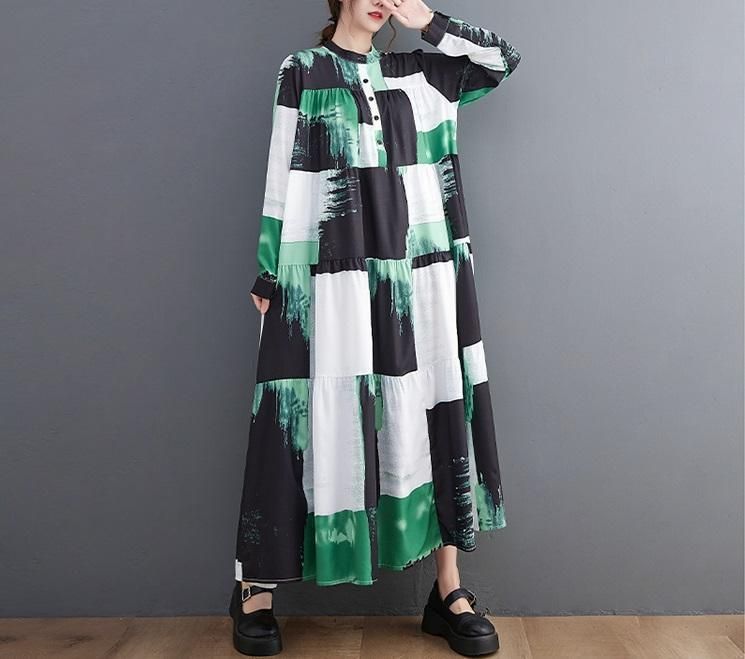 ロング ワンピース 大きいサイズ グリーン レディース 秋冬 春 長袖