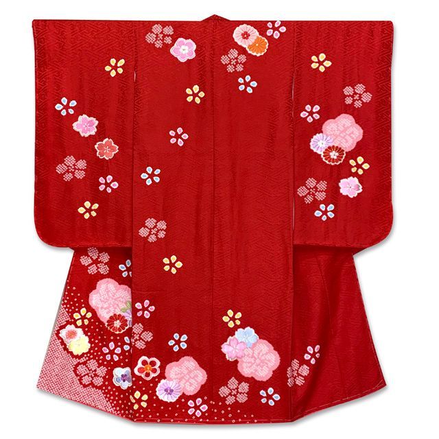 七五三 7歳 女の子用 着物セット 正絹 女の子 絞り染 刺繍入り 絵羽柄の子供着物 コーデセット 赤 菊と桜 IYS1018i18-794PP