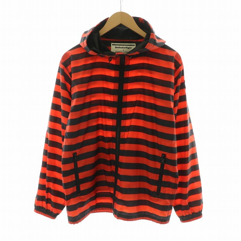 オニツカタイガー Onitsuka Tiger アンドレアポンピリオ ANDREA POMPILIO ジップアップパーカー ジャケット フーディー ボーダー 長袖 ロゴワッペン フード M 赤 レッド 黒 ブラック /NQ