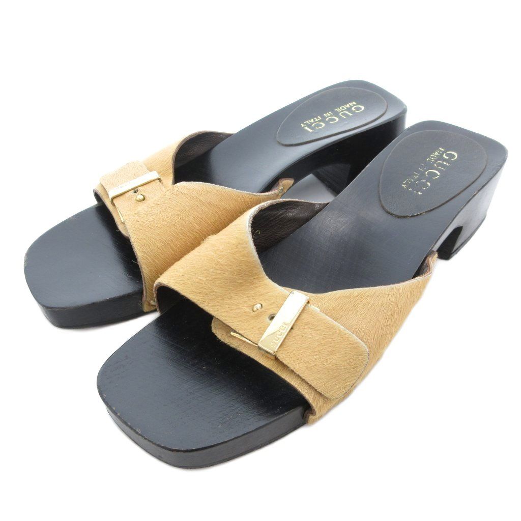 グッチ GUCCI コンフォートサンダル ハラコ ロゴ ヒール 36.5 黒 ブラック JS GY18