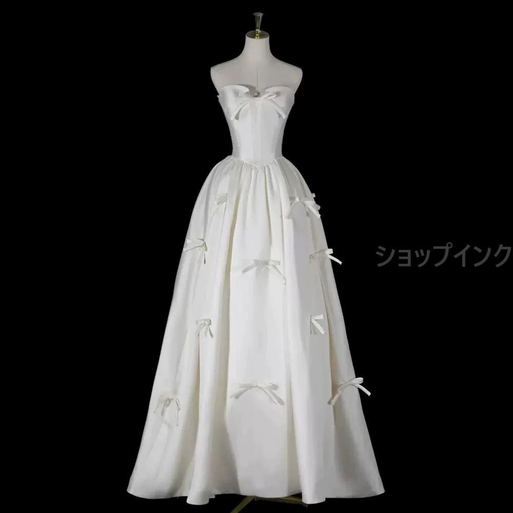 ウェディングドレス ウエディングドレス 二次会 結婚式 前撮り ブライダル ロングドレス 花嫁 プリンセスドレス チューブトップ リボン サテン オフショルダー