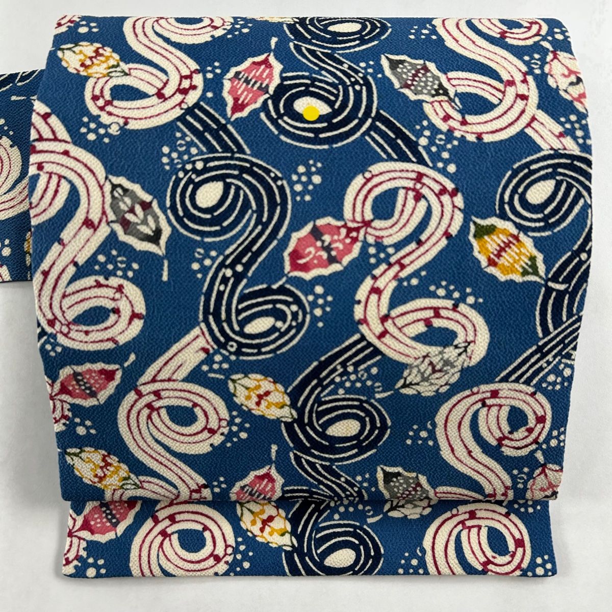 名古屋帯 秀品 葉柄 流水 縮緬 青 正絹