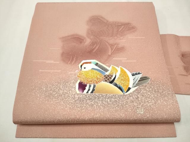 平和屋着物●人間国宝・羽田登喜男 　九寸名古屋帯　鴛鴦文　金銀彩　正絹　逸品　CAAT1170hy 平和屋着物○人間国宝・羽田登喜男 九寸名古屋帯 鴛鴦文 金銀彩 正絹