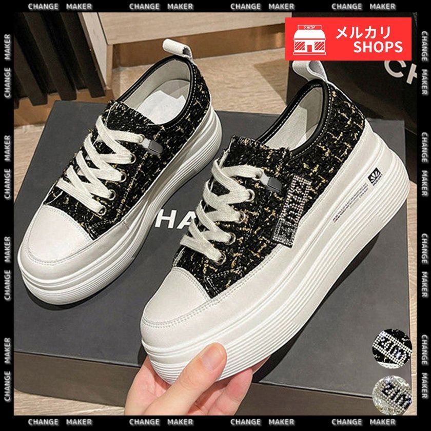 韓国デザイン PUレザー 厚底 ビジューツイード ヒールスニーカー 厚底 スニーカー レディース シューズ pu ダッドスニーカー