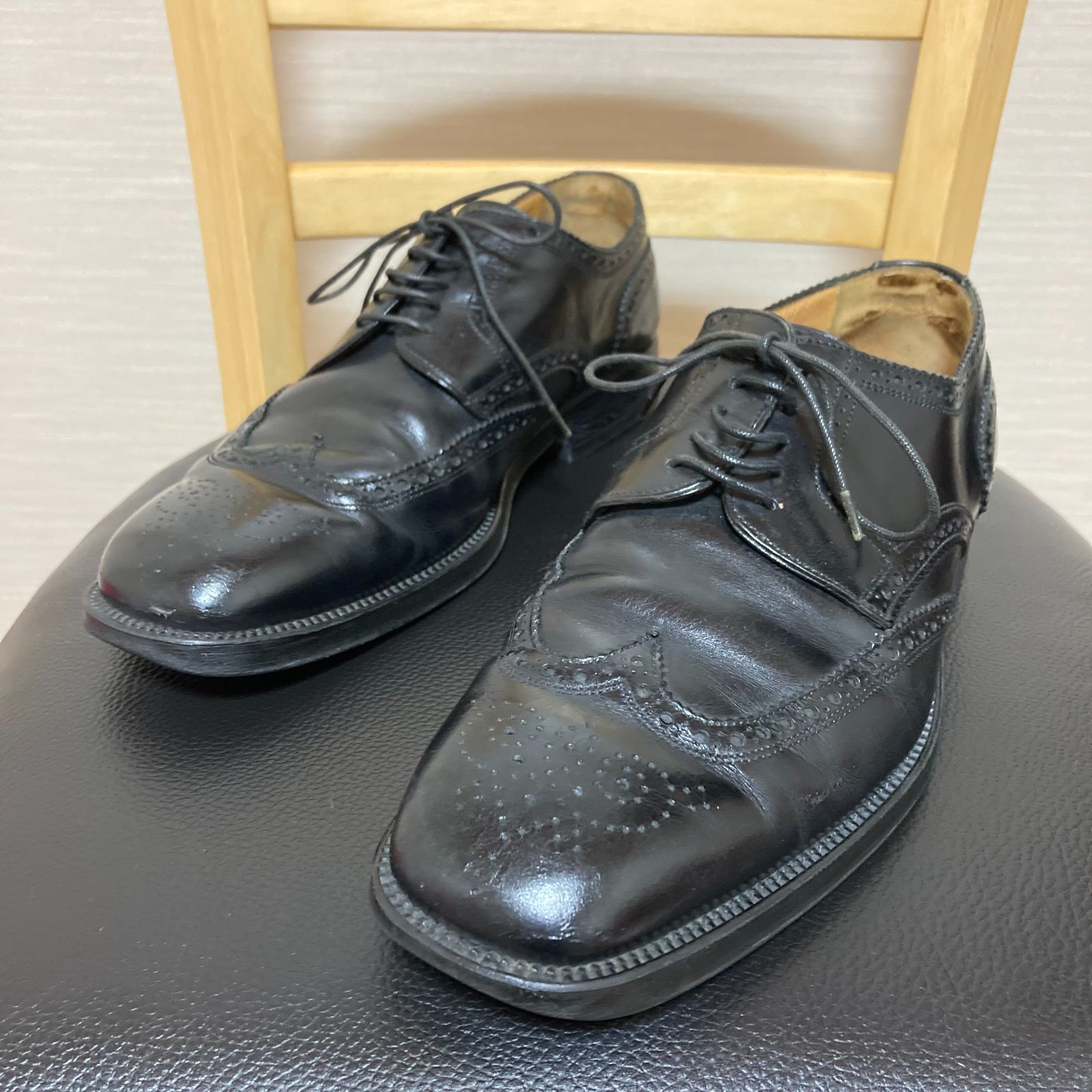 サントーニ Santoni 靴 26.5cm 黒 ビジネスシューズ 外羽根式 本革 