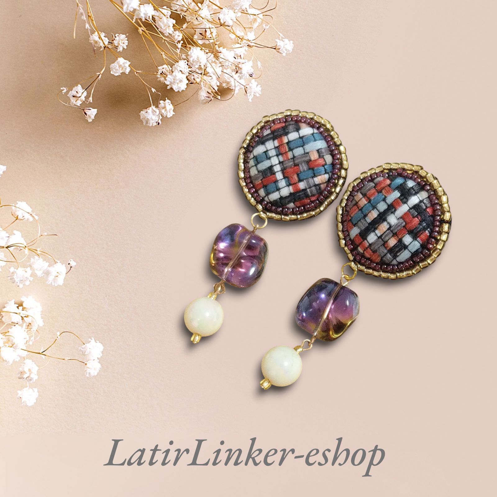 ハンドメイド アクセサリー A-4 ツイード赤白艶パールビーズ ピアス