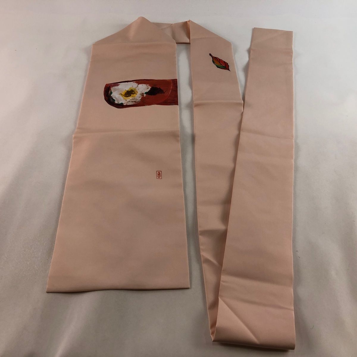 名古屋帯 美品 秀品 落款 色紙 草花 縮緬 サーモンピンク 正絹